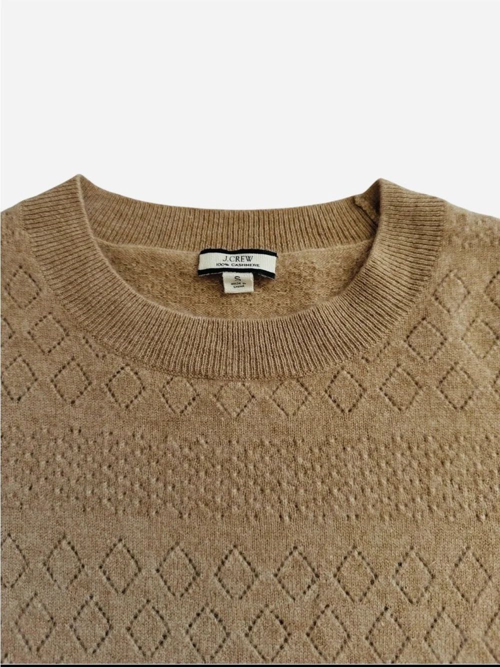 J.Crew 100% Cashmere Camel Pointelle Diamond Knit Ruffle Cuff Sweater S